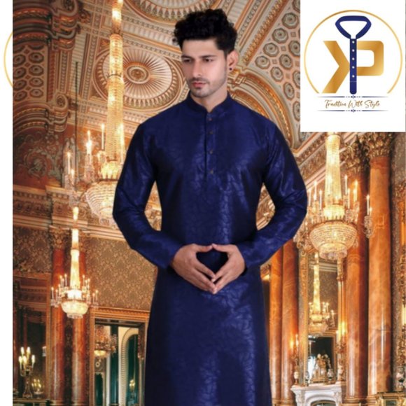 Kurta Pyjama Set Dark Blue Color With Collar - Picture 1 of 1